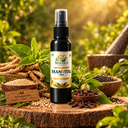 Shankh Ayurveda ManVital Oil front view with herbal background